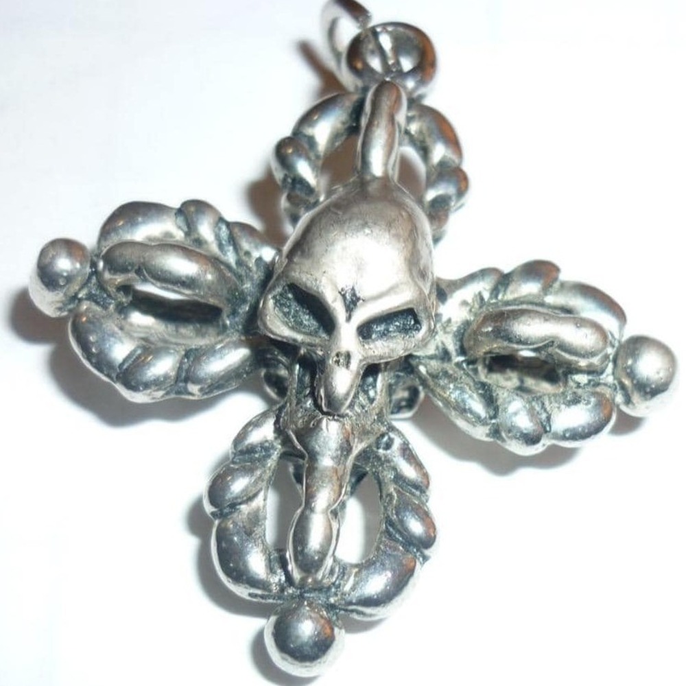 Silver Tone Skull Cross Vajra Pendant‎ Gothic Biker